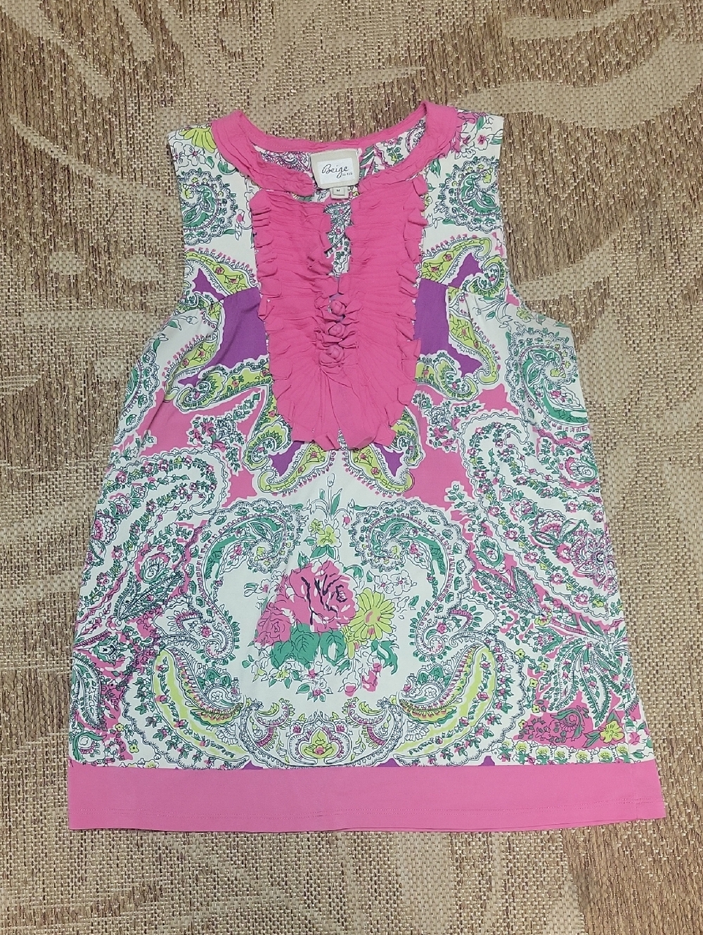 Beige by Eci Bright Pink Paisley Ruffle Sleeveless Top